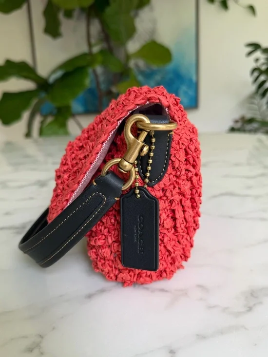 Coach Straw Soft Tabby Shoulder Crossbody Bag Red Orange Black Brass Woven CA032 - Picture 4 of 16